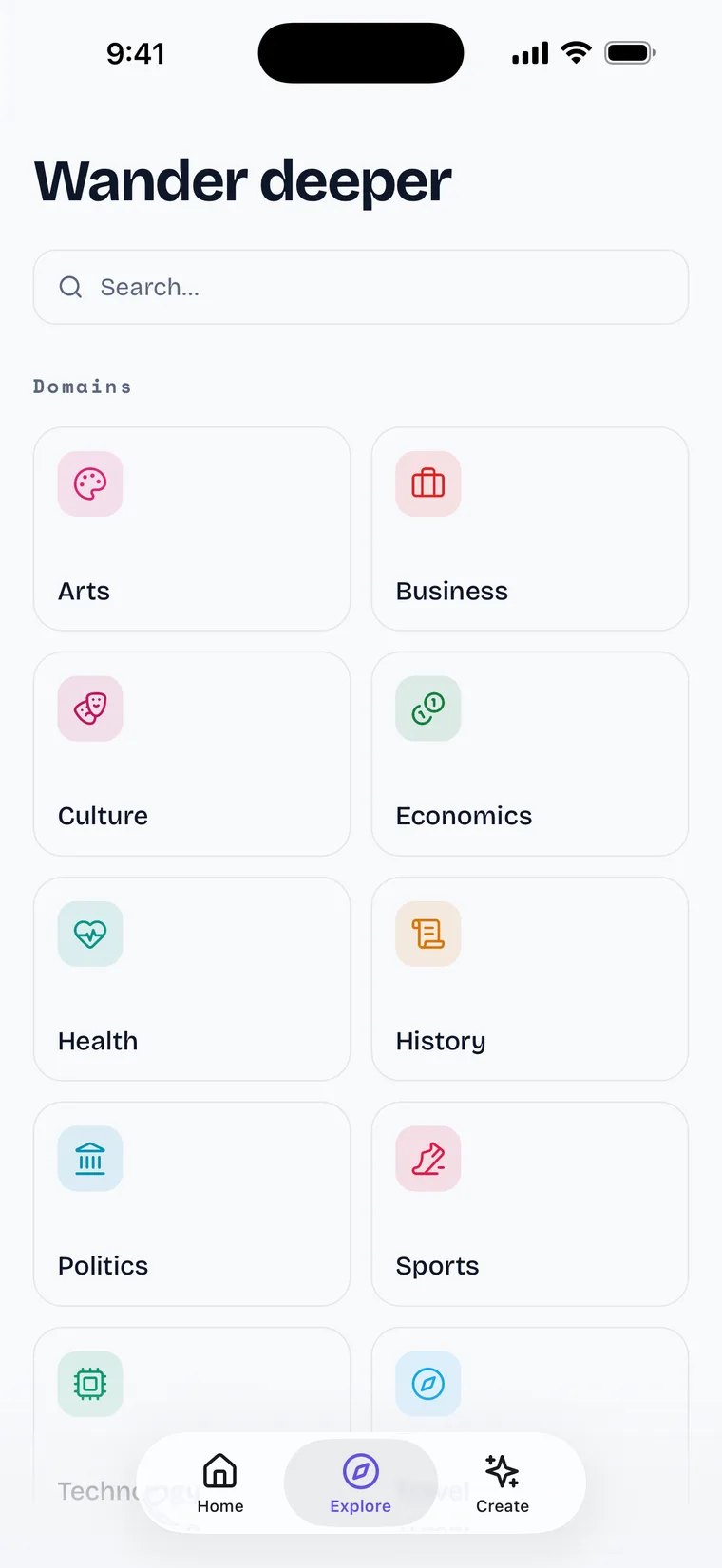 Wander's explore screen with topic domains
