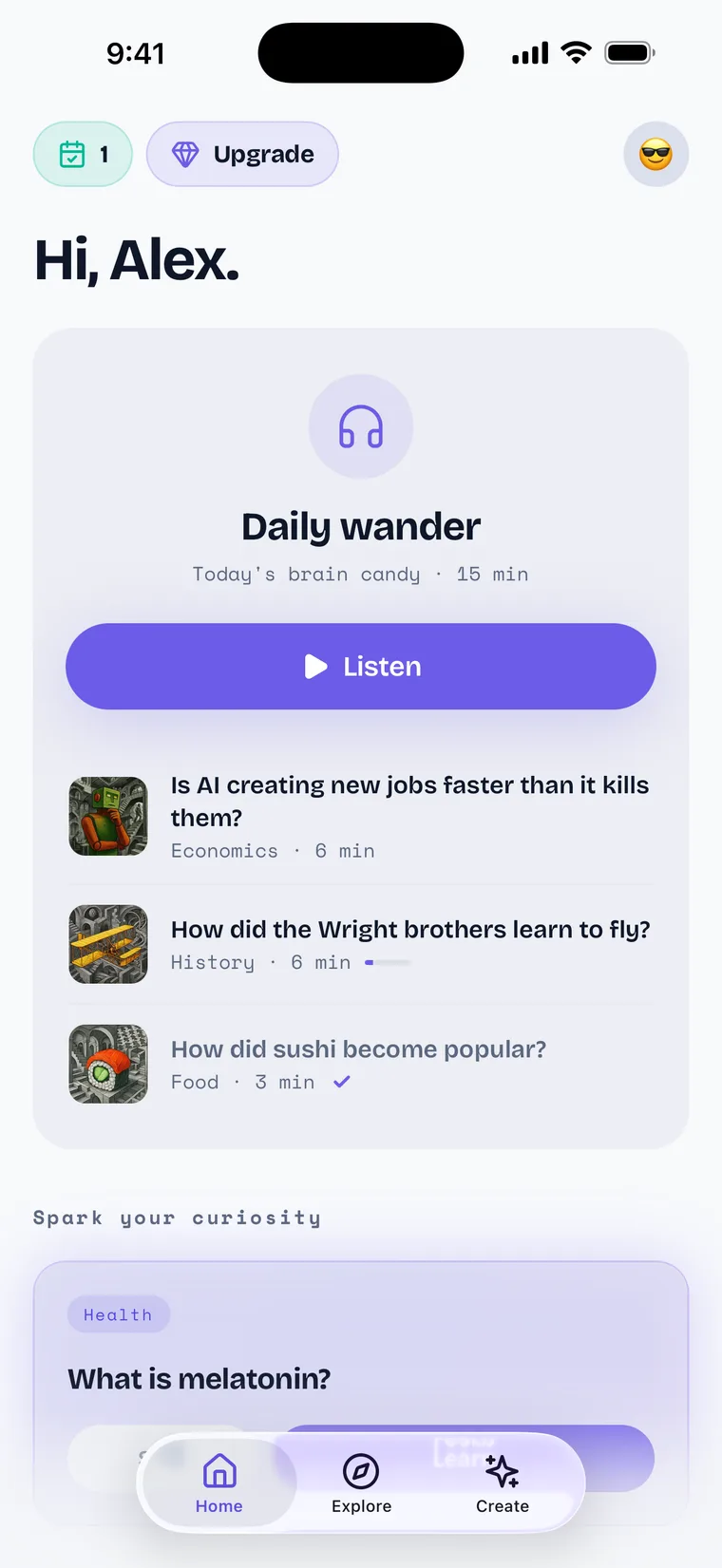 Wander's home screen